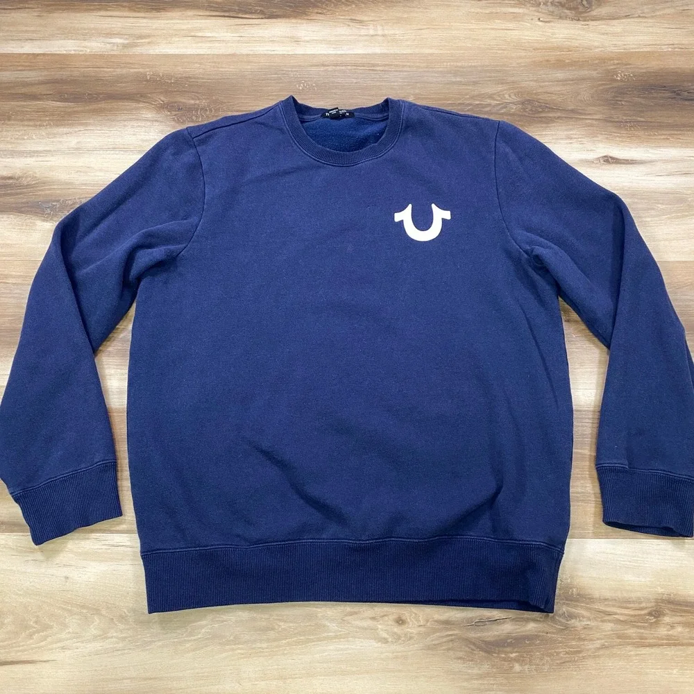 True Religion Sweatshirt Men Medium Horseshoe Logo Cotton Blend Blue Streetwear